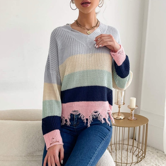 Pippidip Distressed V-Neck Sweater, New - Picture 3 of 12